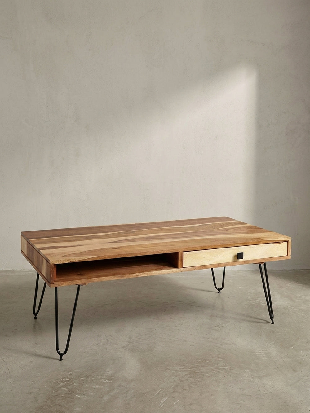 Couchtisch Akazie Massivholz natur 60x110x40 cm mit Schublade für Wohnzimmer Design Möbel modern hochwertig stilvoll robust langlebig Wohnen Einrichtung Interior Zuhause elegant Premium_