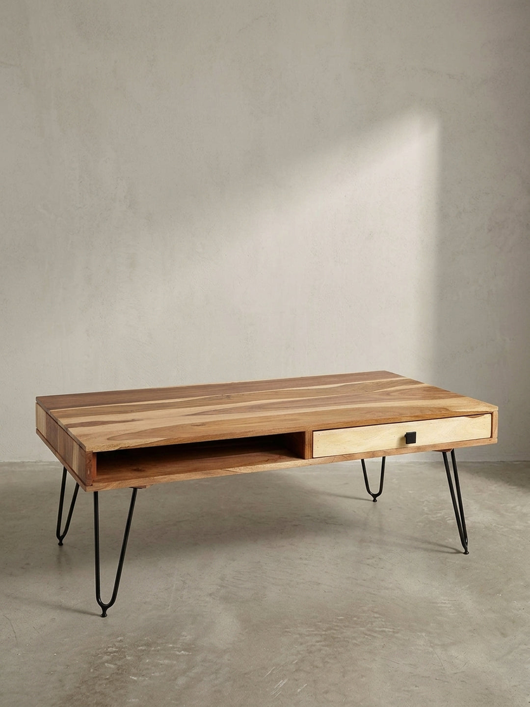Couchtisch Akazie Massivholz natur 60x110x40 cm mit Schublade für Wohnzimmer Design Möbel modern hochwertig stilvoll robust langlebig Wohnen Einrichtung Interior Zuhause elegant Premium_