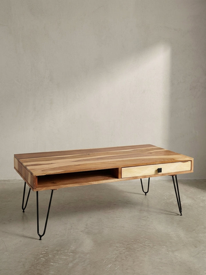 Couchtisch Akazie Massivholz natur 60x110x40 cm mit Schublade für Wohnzimmer Design Möbel modern hochwertig stilvoll robust langlebig Wohnen Einrichtung Interior Zuhause elegant Premium_