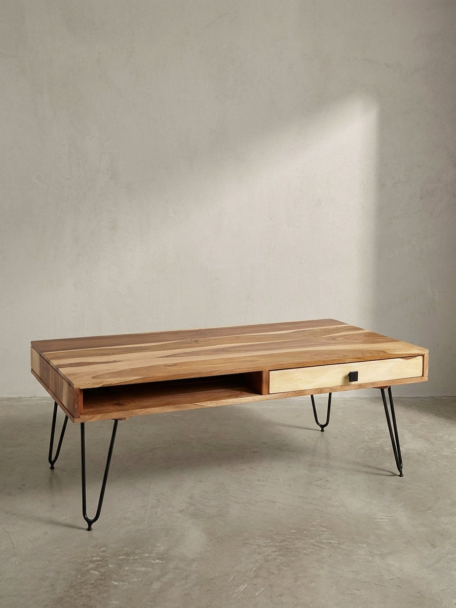 Couchtisch Akazie Massivholz natur 60x110x40 cm mit Schublade für Wohnzimmer Design Möbel modern hochwertig stilvoll robust langlebig Wohnen Einrichtung Interior Zuhause elegant Premium_
