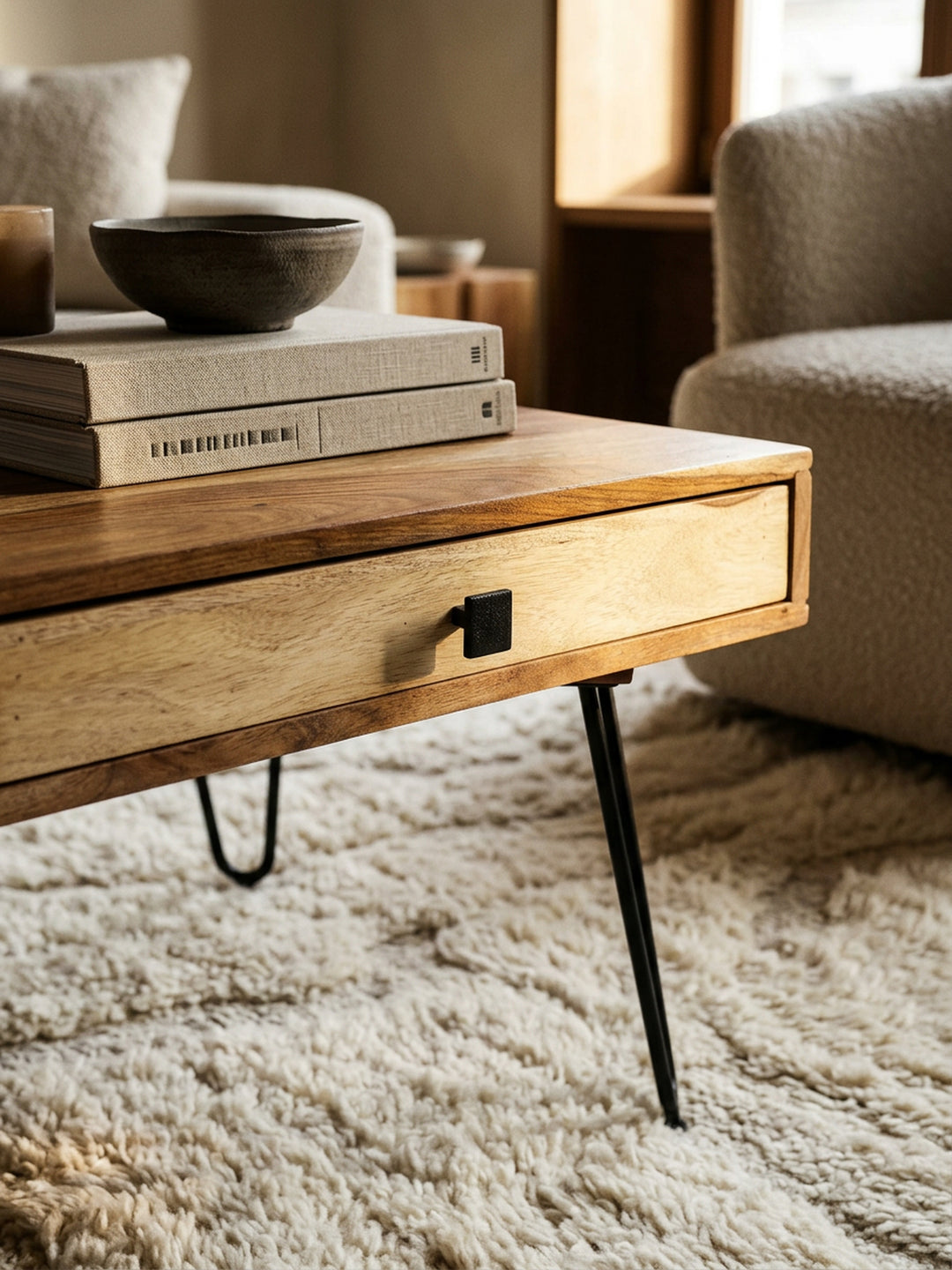Couchtisch Akazie Massivholz natur Nahaufnahme honigfarbene Akazie-Maserung mit natürlicher Farbvariation und sichtbarer Holzstruktur mit Schublade Qualität Möbel Wohnzimmer Wohnen_