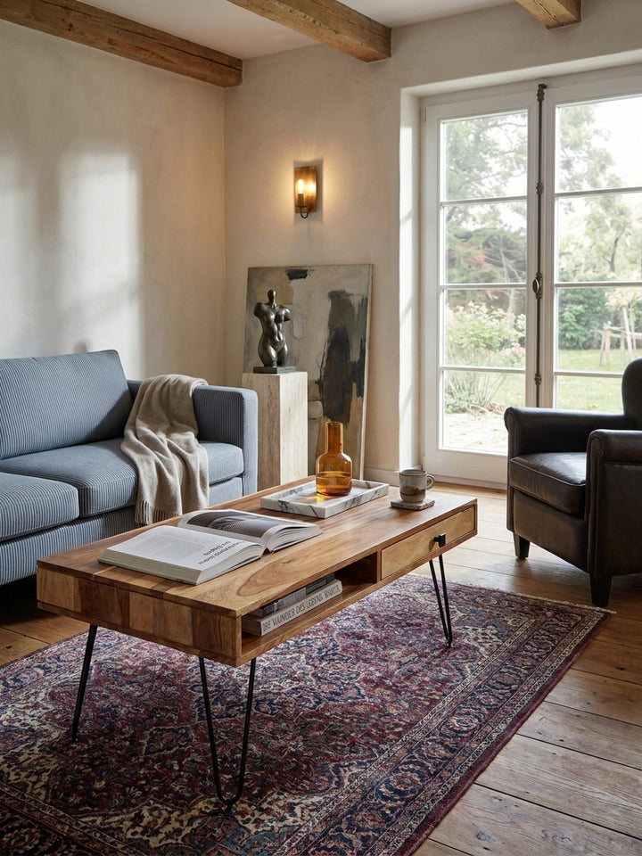 Couchtisch Akazie Massivholz natur 60x110x40 cm kombiniert mit passenden Möbeln Wohnzimmer Einrichtungsidee Möbelensemble mit Schublade harmonisch Wohnen Interior Zuhause Design modern_