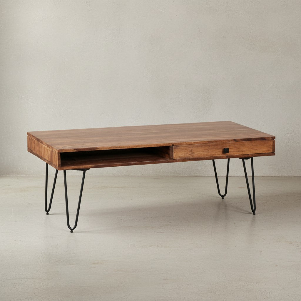 Couchtisch BALU mit Schubfächern  120x60x43 cm  Sheesham Massivholz  Metallfüße  leichter Aufbau - KADIMA DESIGN Farbe  Braun  Größe  110x60x42 cm