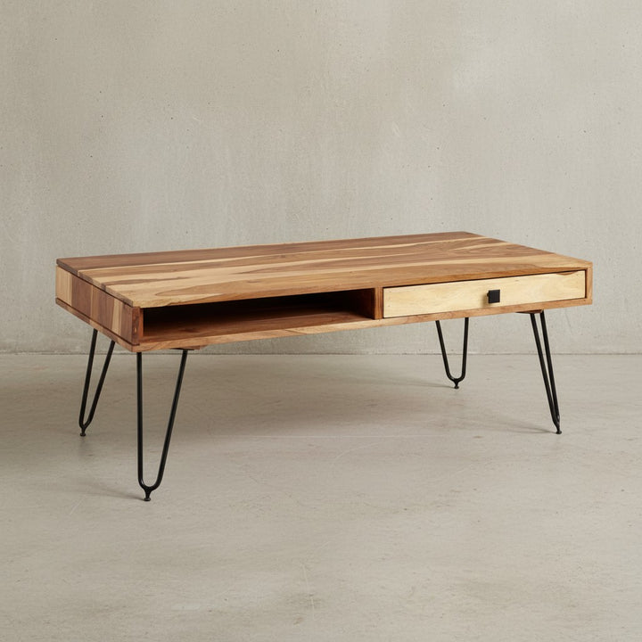 Couchtisch BALU mit Schubfächern_ 120x60x43 cm_ Sheesham Massivholz_ Metallfüße_ leichter Aufbau - KADIMA DESIGN_Farbe_ Beige_ Größe_ 110x60x60 cm_