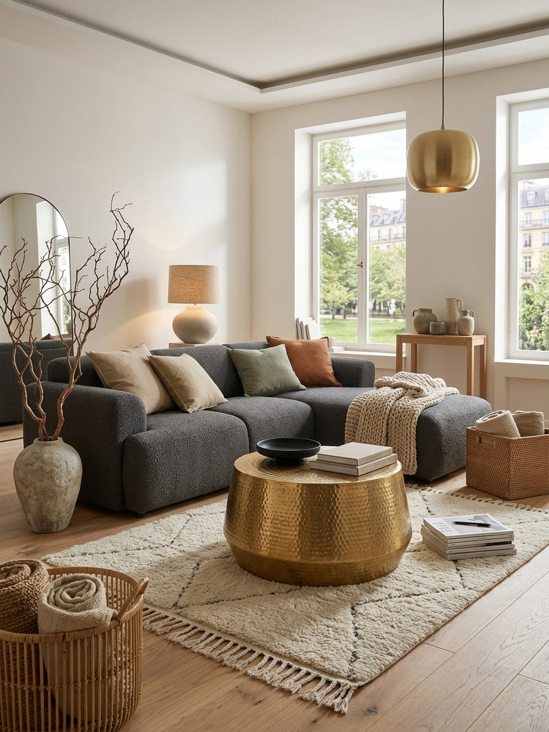 Runder Couchtisch aus goldenem Aluminium mit Hammerschlag-Optik im Wohnzimmer. Der flache Tisch 60x36cm setzt warme Akzente auf hellem Teppich vor einem hellgrauen Sofa._
