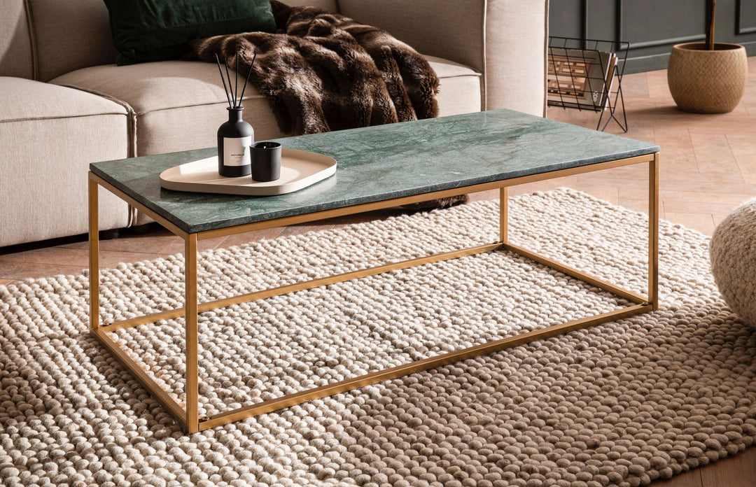 Couchtisch Grün Echter Marmor Metall Gold 100x50x35 cm Modern Rechteckig Groß