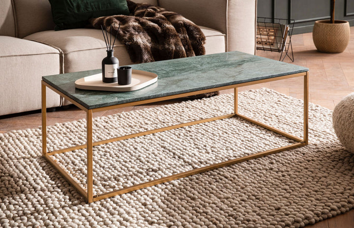 Couchtisch Grün Echter Marmor Metall Gold 100x50x35 cm Modern Rechteckig Groß