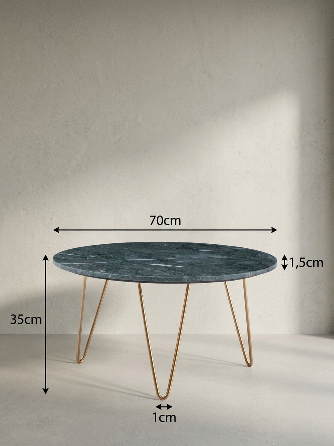 Technisches Maßbild des runden Couchtisches, das seine exakten Abmessungen zeigt: 70 cm Durchmesser, 35 cm Höhe und 1,5 cm Plattenstärke._