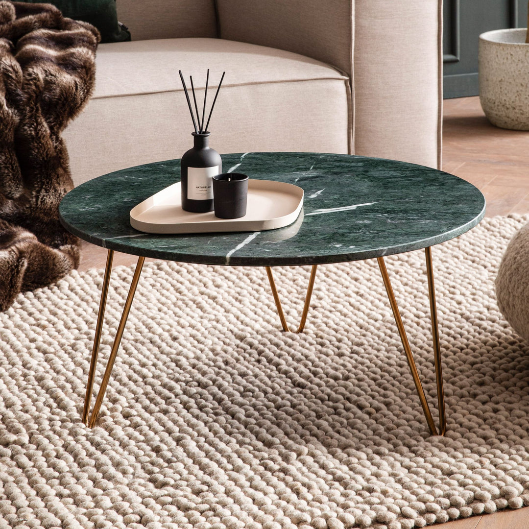 Couchtisch Grün Marmor Dreibein Design 70x70x35 cm, Rund Modern Gold Metall