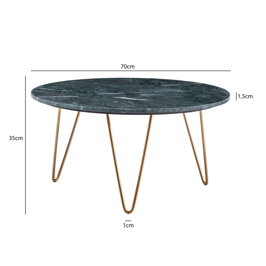 Couchtisch Grün Marmor Dreibein Design 70x70x35 cm, Rund Modern Gold Metall