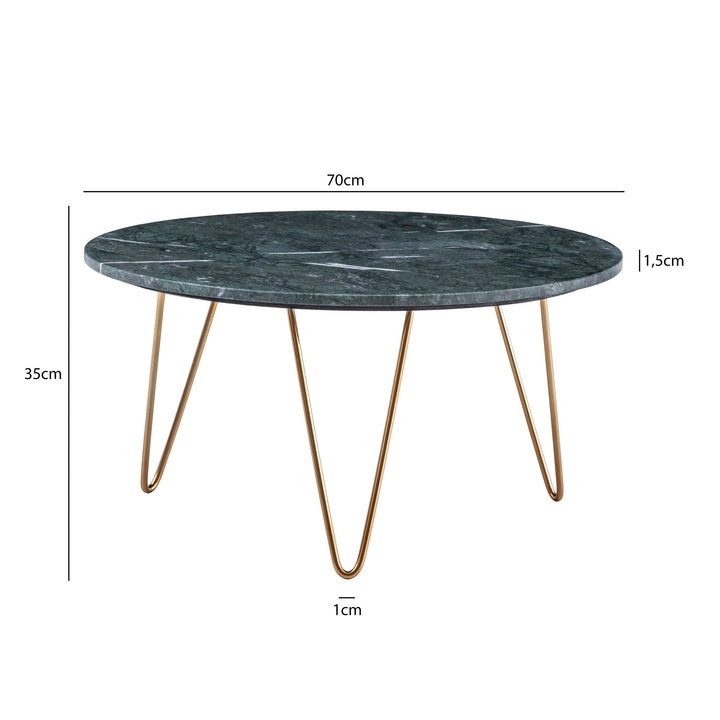 Couchtisch Grün Marmor Dreibein Design 70x70x35 cm, Rund Modern Gold Metall