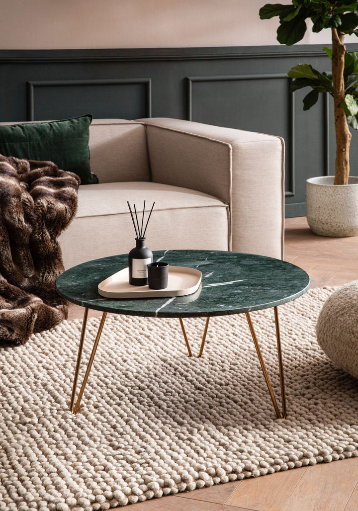 Couchtisch Grün Marmor Dreibein Design 70x70x35 cm, Rund Modern Gold Metall