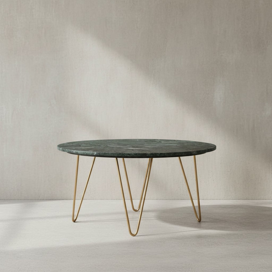 Couchtisch Echter Marmor Grün 70x70x35 cm Sofatisch Metall Gold - Design Dreibein Wohnzimmertisch Rund Modern - Marmortisch Loungetisch Groß - Kaffeetisch Haarnadelbeine_