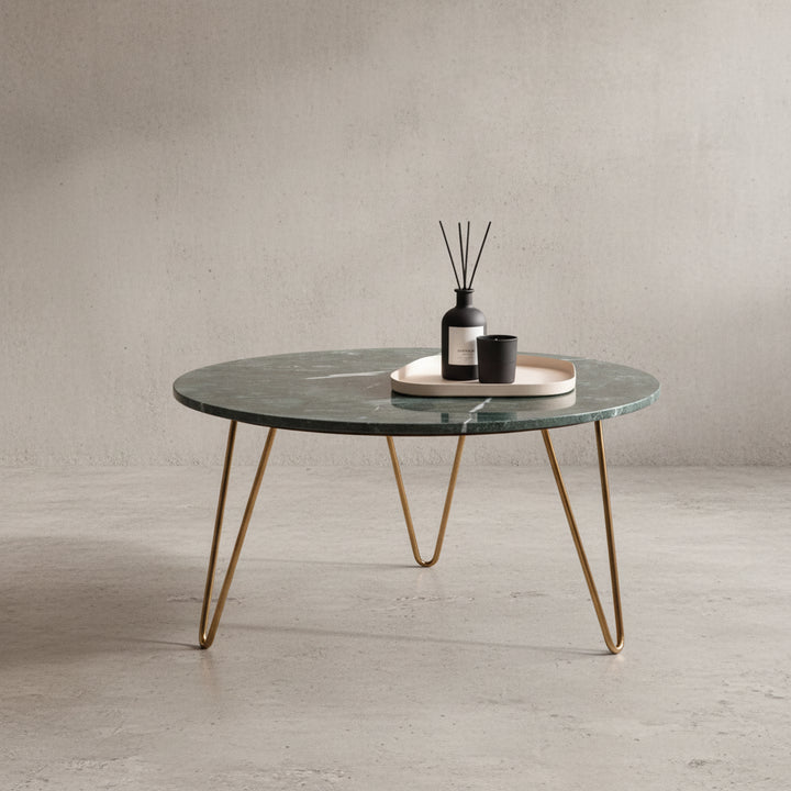 Couchtisch Echter Marmor Grün 70x70x35 cm Sofatisch Metall Gold - Design Dreibein Wohnzimmertisch Rund Modern - Marmortisch Loungetisch Groß - Kaffeetisch Haarnadelbeine_
