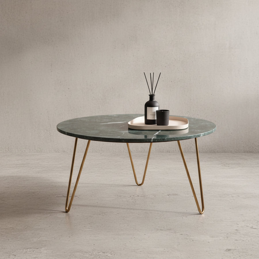 Couchtisch Echter Marmor Grün 70x70x35 cm Sofatisch Metall Gold - Design Dreibein Wohnzimmertisch Rund Modern - Marmortisch Loungetisch Groß - Kaffeetisch Haarnadelbeine_