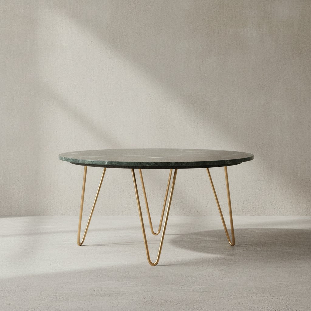 Couchtisch Echter Marmor Grün 70x70x35 cm Sofatisch Metall Gold - Design Dreibein Wohnzimmertisch Rund Modern - Marmortisch Loungetisch Groß - Kaffeetisch Haarnadelbeine_