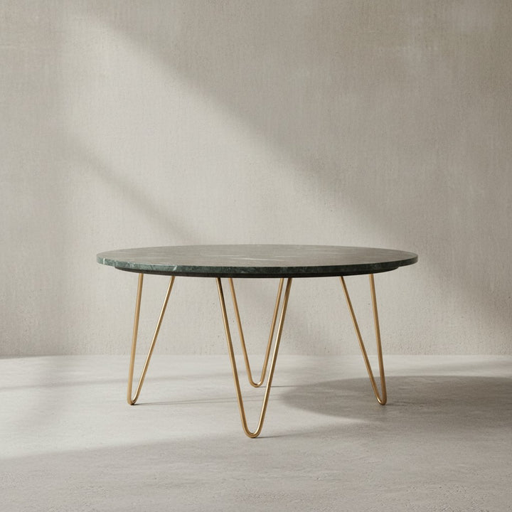 Couchtisch Echter Marmor Grün 70x70x35 cm Sofatisch Metall Gold - Design Dreibein Wohnzimmertisch Rund Modern - Marmortisch Loungetisch Groß - Kaffeetisch Haarnadelbeine_