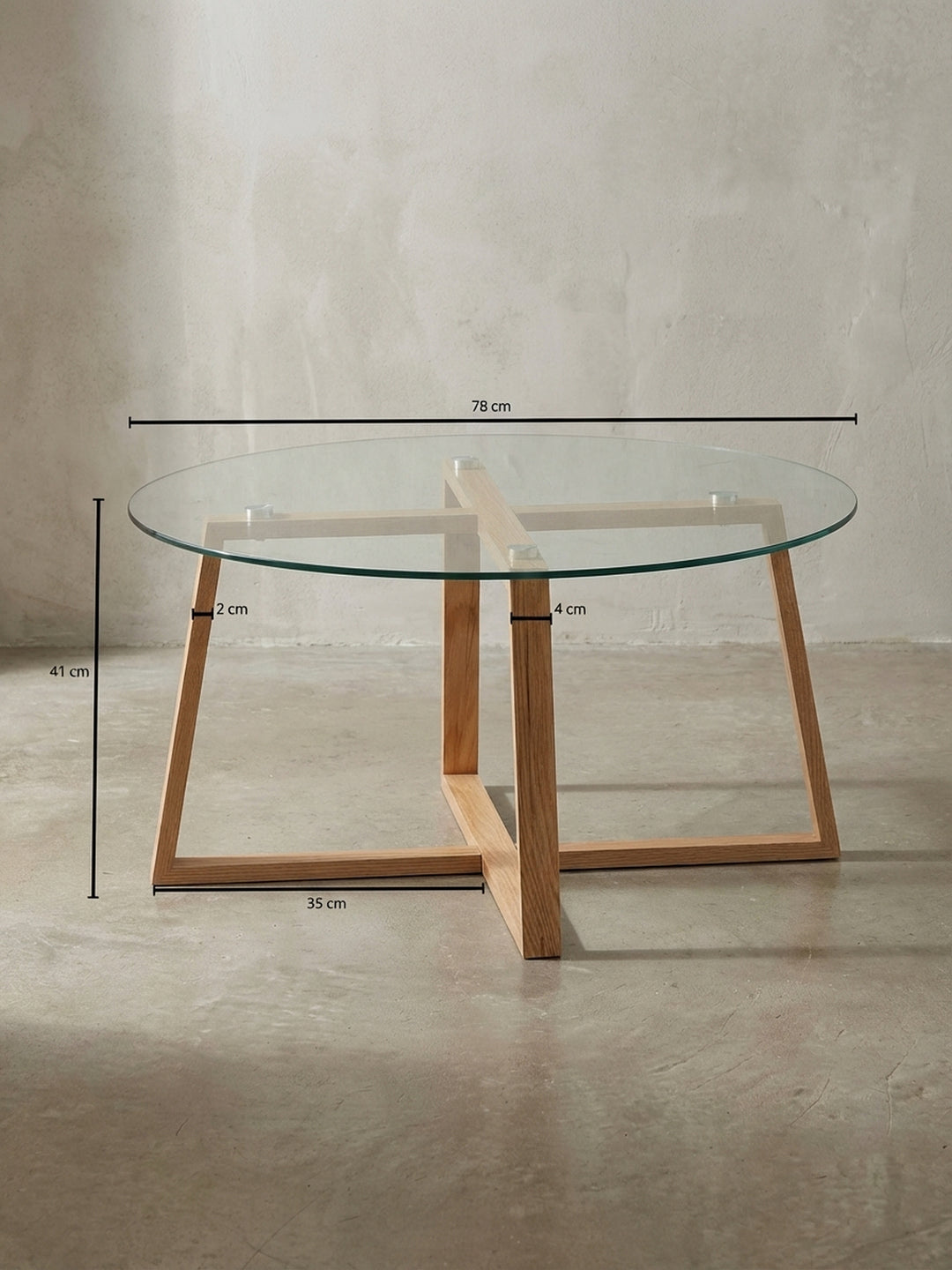 Technische Zeichnung des runden Couchtisches mit exakten Maßangaben: Breite 78 cm, Höhe 41 cm, und Details zum Holzgestell aus Eiche massiv._