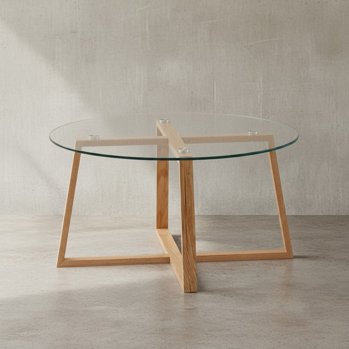 Couchtisch Eiche_ Modern_ Transparente Glasplatte_ Überkreuztes Gestell - KADIMA DESIGN_Größe_ 78x78x41 cm_