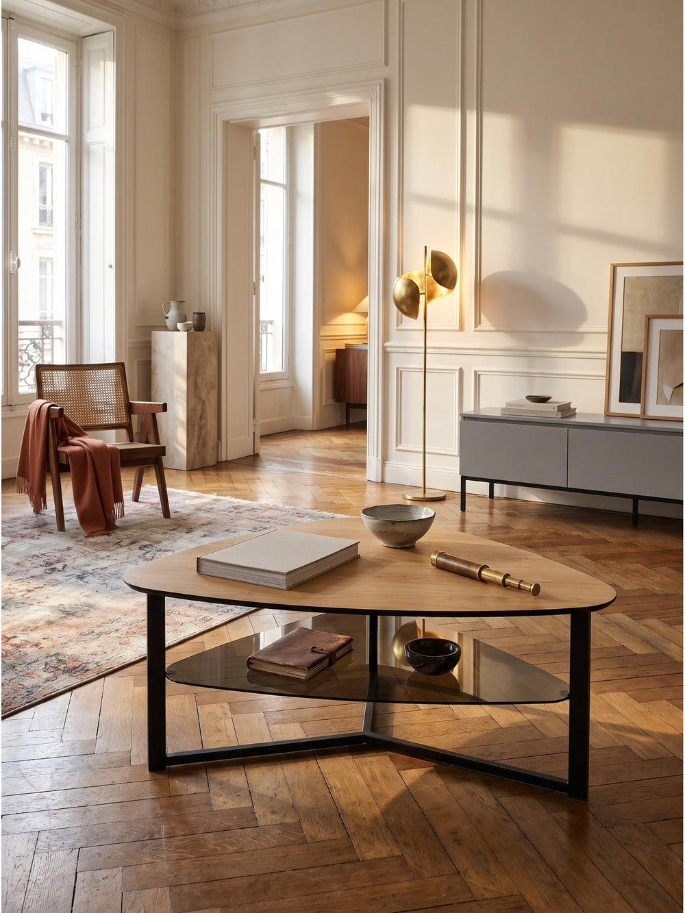 Ein nierenförmiger Couchtisch mit einer Tischplatte in warmer Eiche-Optik und schwarzem Metallgestell steht zentral auf einem sandfarbenen Wollteppich in einem großzügigen, modernen Wohnzimmer mit Fischgrätparkett._