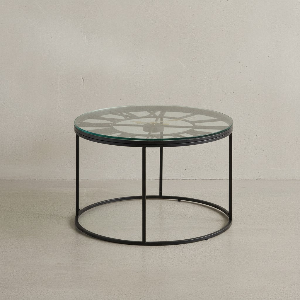 Couchtisch GESSO mit Uhr_ Einscheibensicherheitsglas_ pulverbeschichtetes Metallgestell_ römische Uhr_ handgefertigt - KADIMA DESIGN_Farbe_ Schwarz_ Größe_ 60x60x43 cm_