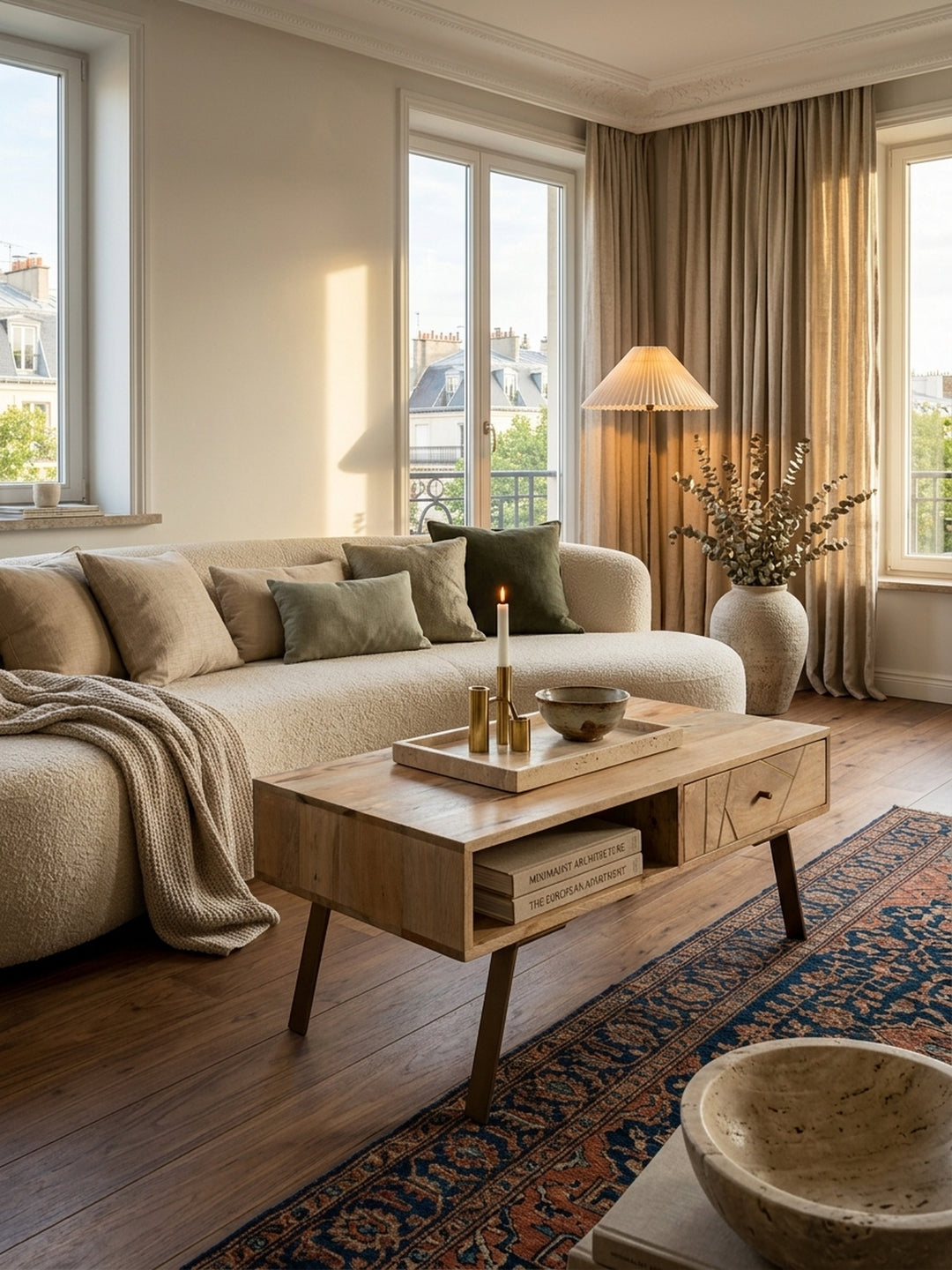 Massiver Couchtisch aus Mangoholz im eleganten Wohnzimmer. Der organisch-moderne Sofatisch mit Eisengestellen steht auf einem hellen Teppich, umgeben von ruhigen Naturtönen._