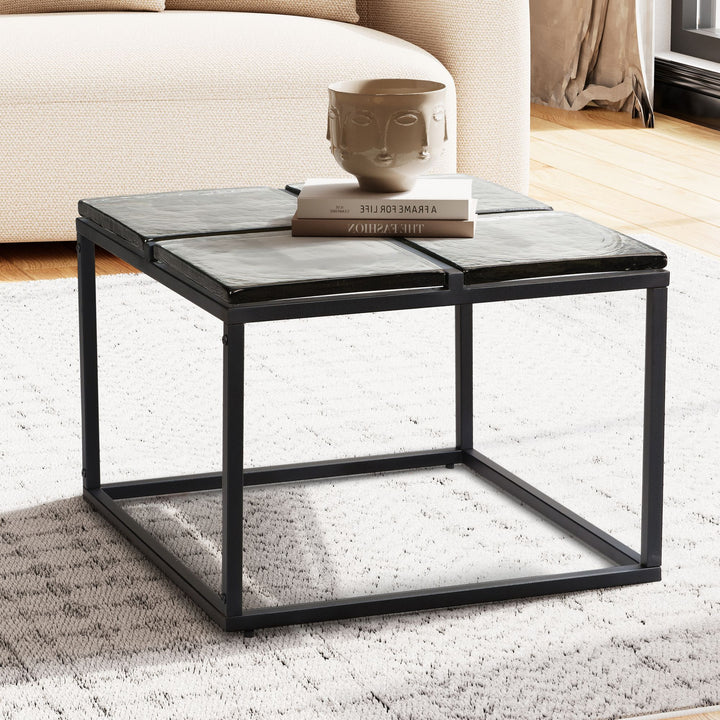 Couchtisch Quadratisch in Schwarz aus Glas und Metall, 58x58x43.5 cm