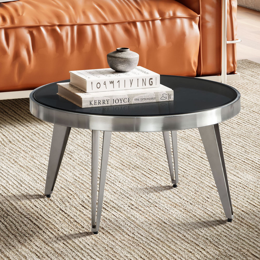 Couchtisch Rund in Silber aus Glas und Metall, Modernes Design, 60x60x33cm, Kompakte Größe