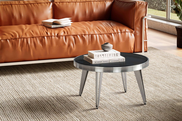 Couchtisch Rund in Silber aus Glas und Metall, Modernes Design, 60x60x33cm, Kompakte Größe