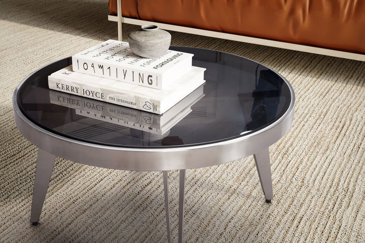 Couchtisch Rund in Silber aus Glas und Metall, Modernes Design, 60x60x33cm, Kompakte Größe