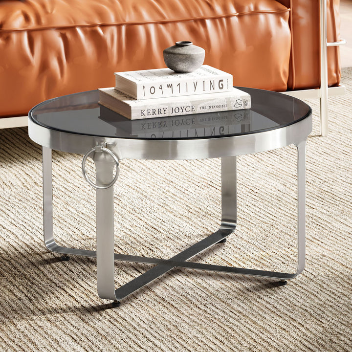 Couchtisch Glas Metall Rund 60x60x34 cm mit Griffen Silber Modern