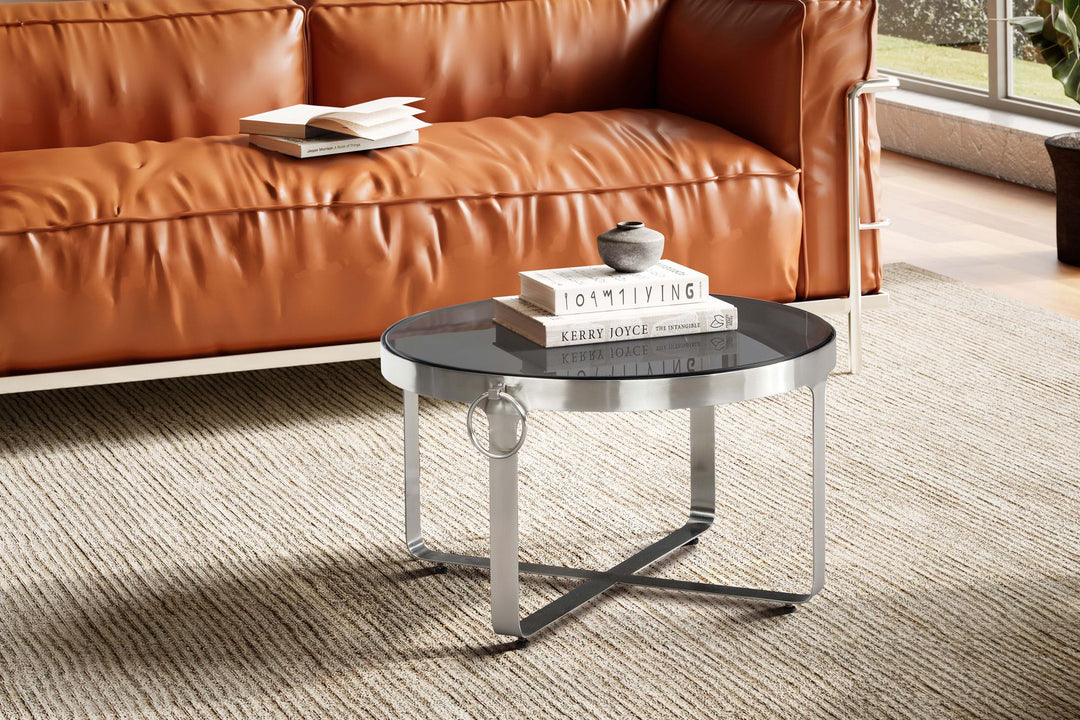 Couchtisch Glas Metall Rund 60x60x34 cm mit Griffen Silber Modern