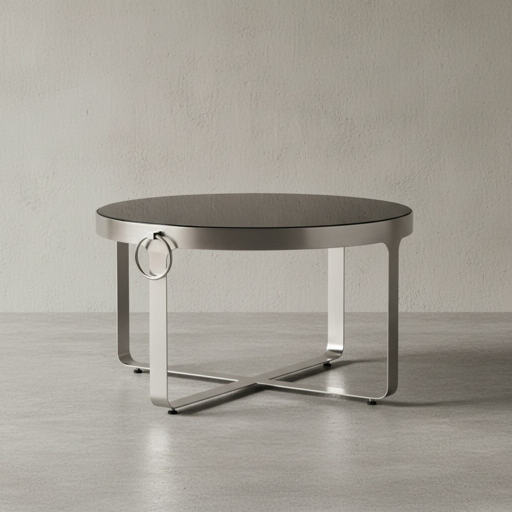 Couchtisch Glas Metall 60x60x34 cm Sofatisch Silber - Design Wohnzimmertisch Rund mit Griffen - Kleiner Kaffeetisch Modern - Beistelltisch Anstelltisch Wohnzimmer_