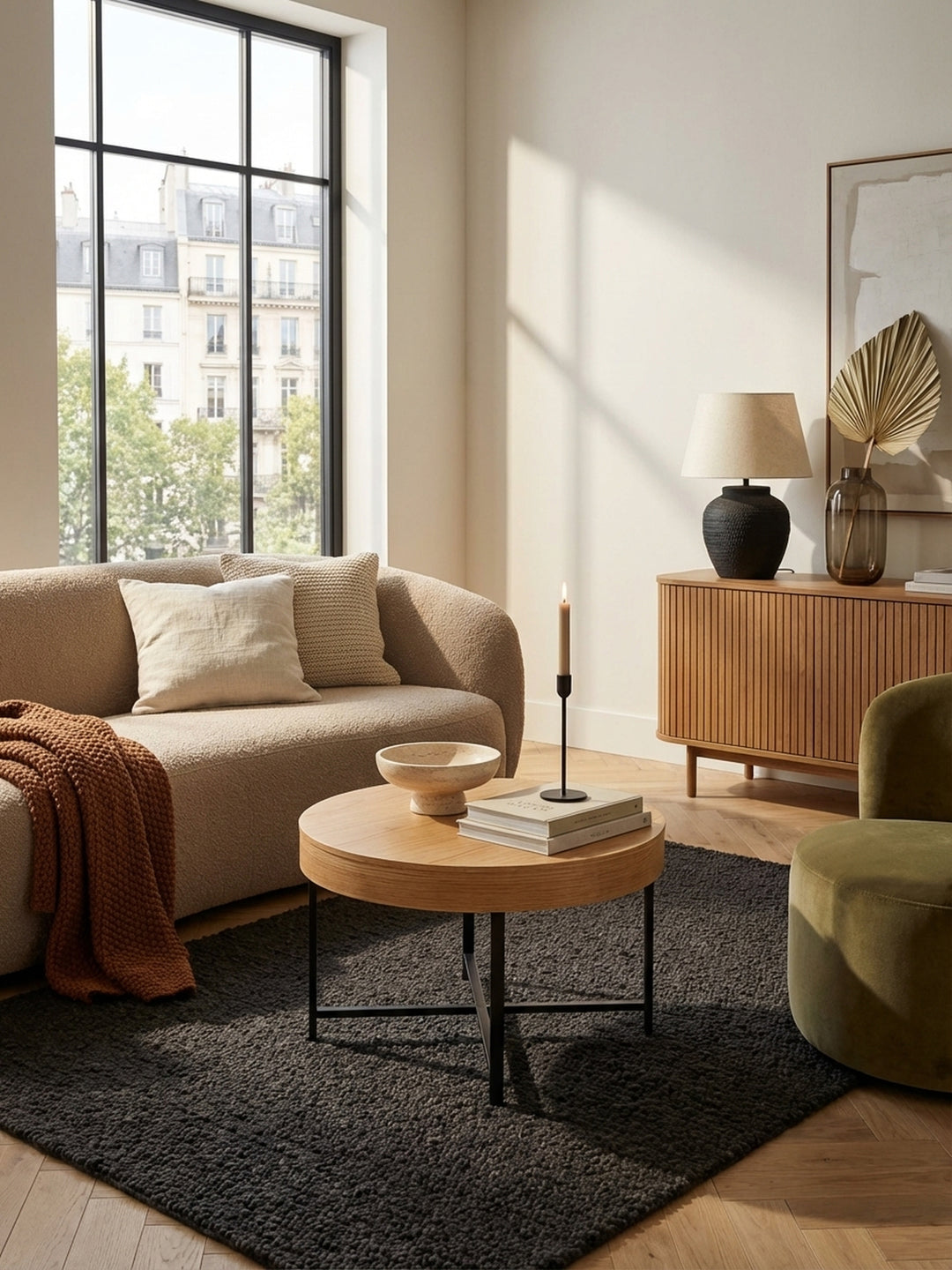 Design Couchtisch aus Holz von oben gesehen, platziert auf einem strukturierten Teppich vor einer Couch, zeigt die harmonische Raumaufteilung im Wohnzimmer._