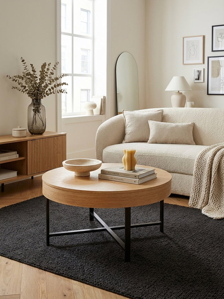 Moderner runder Couchtisch in Eichenoptik mit Stauraum, stilvoll arrangiert in einem hellen Wohnzimmer mit beigem Sofa und einem weichen Teppich._