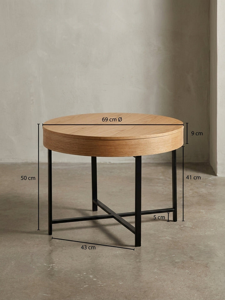 Technisches Maßbild des Couchtisches mit genauen Abmessungen: Höhe 49 cm, Durchmesser 69 cm, was die Planung für jedes Wohnzimmer erleichtert._