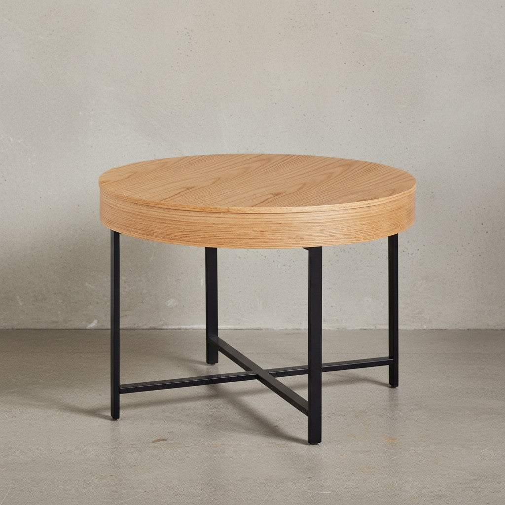 Couchtisch Holzoptik-Metallbeine_ runder Tisch mit Stauraum_ 69x49x69 cm_ moderner Industrial-Look - KADIMA DESIGN_Größe_ 69x69x49 cm_