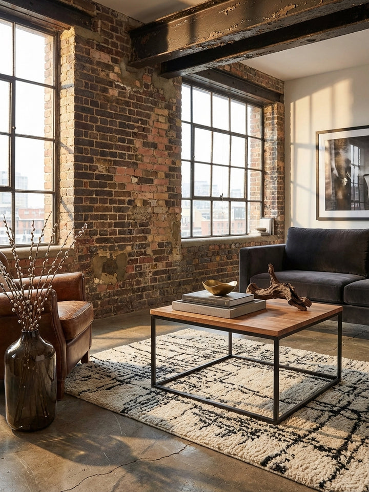 Quadratischer Sofatisch 60x60 cm von oben fotografiert, zeigt die massive Akazienholzplatte und das schwarze Metallgestell im Raumkontext._