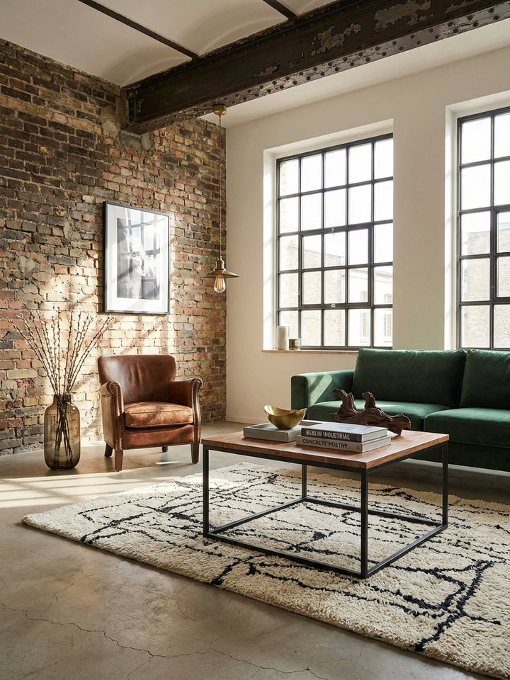 Moderner Couchtisch im Industrial Stil aus Akazie Massivholz in einem hellen Wohnzimmer mit einem Sofa und einem schwarz-weißen Teppich, stilvoll dekoriert._
