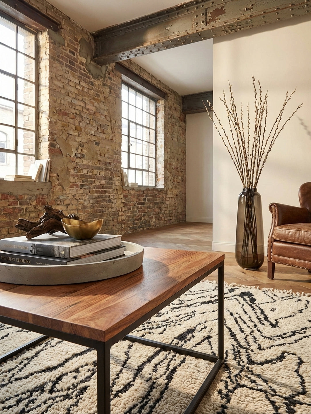 Detailaufnahme der Maserung des massiven Akazienholzes von dem Kaffeetisch, die warme, natürliche Textur der lackierten Holzoberfläche betonend._