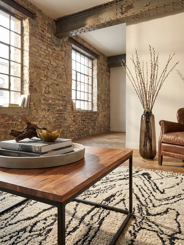 Detailaufnahme der Maserung des massiven Akazienholzes von dem Kaffeetisch, die warme, natürliche Textur der lackierten Holzoberfläche betonend._