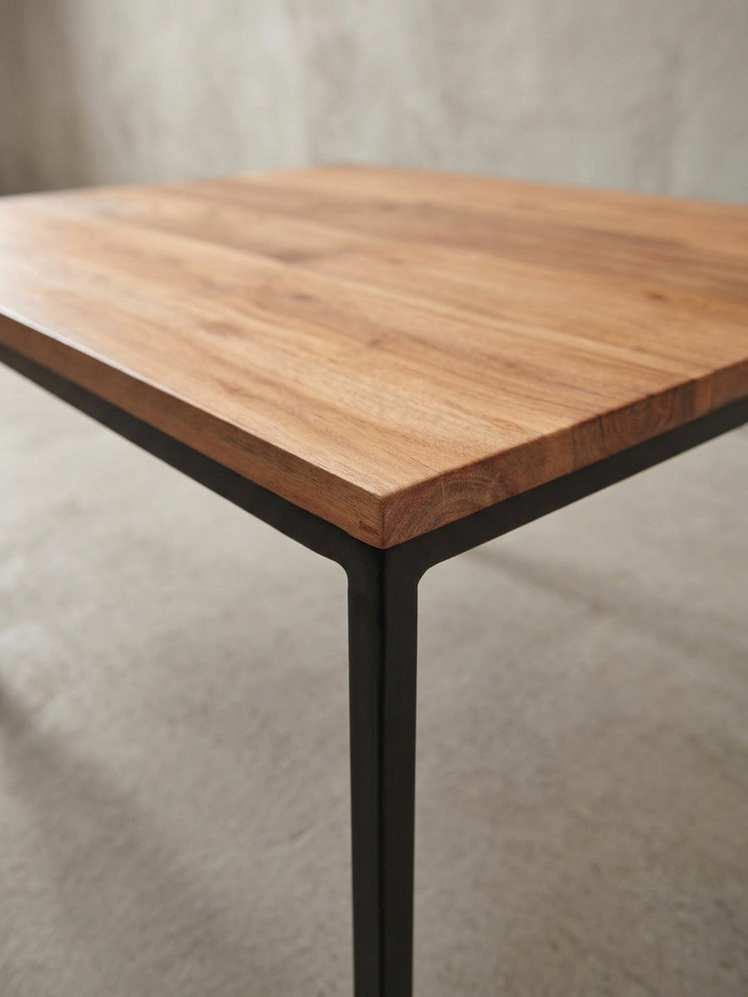 Eleganter Holztisch massiv in einer alternativen Perspektive, die das Zusammenspiel von der warmen Akazienholzplatte und dem kühlen, schwarzen Metall betont._