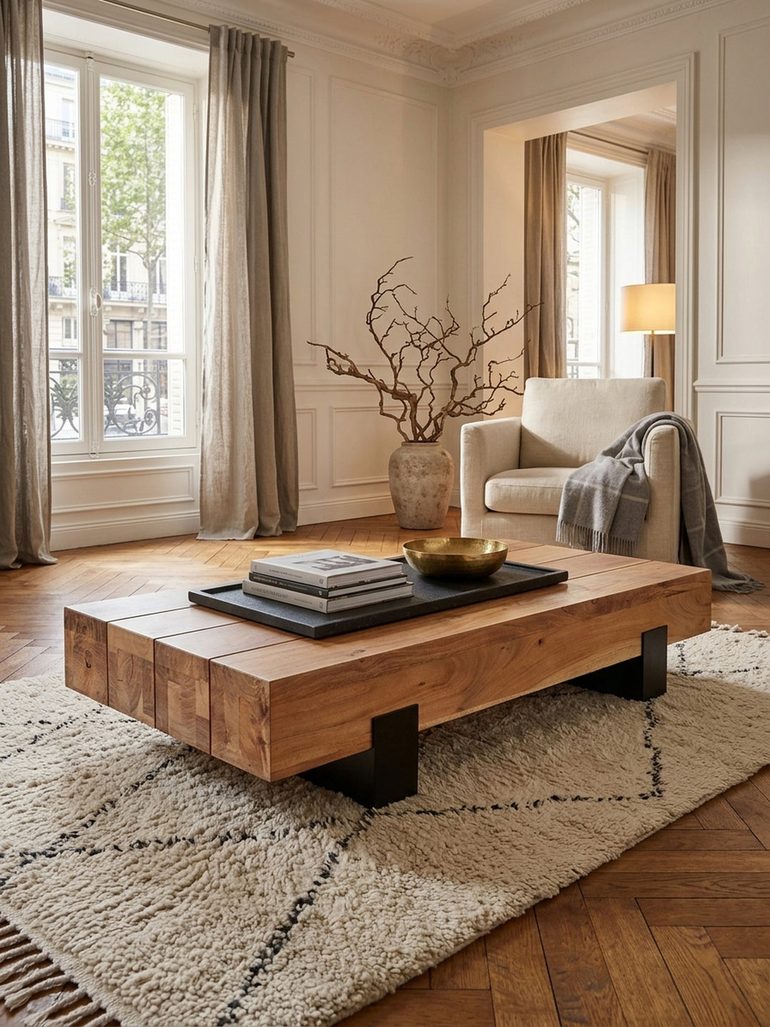 Draufsicht auf den flachen Wohnzimmertisch aus indischem Akazienholz. Die markante Maserung der 15cm dicken Holzplatte bildet einen eleganten Kontrast zum modernen hellen Eichenparkett._