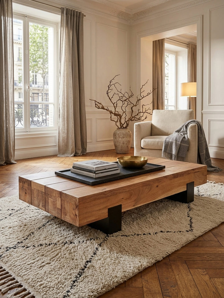 Draufsicht auf den flachen Wohnzimmertisch aus indischem Akazienholz. Die markante Maserung der 15cm dicken Holzplatte bildet einen eleganten Kontrast zum modernen hellen Eichenparkett._