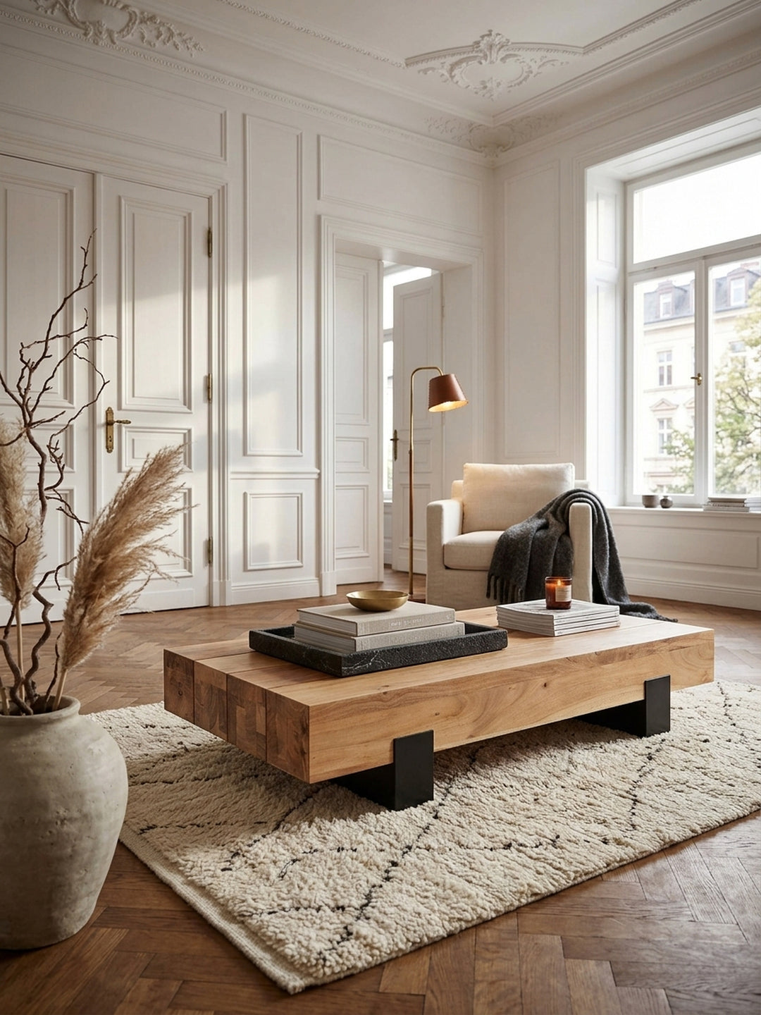 Massiver Couchtisch aus Akazienholz im luxuriösen Wohnzimmer. Die 130x59cm große Vollholz-Tischplatte ruht auf schwarzen Metallbeinen und harmoniert perfekt mit dem hellen Wollteppich._