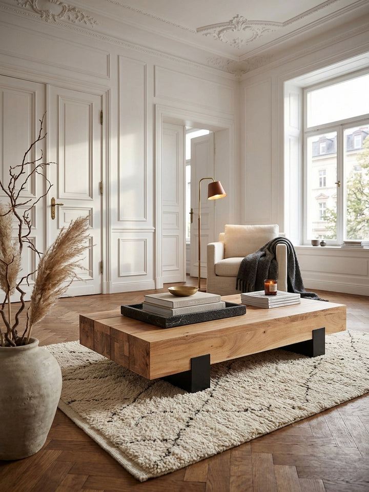 Massiver Couchtisch aus Akazienholz im luxuriösen Wohnzimmer. Die 130x59cm große Vollholz-Tischplatte ruht auf schwarzen Metallbeinen und harmoniert perfekt mit dem hellen Wollteppich._