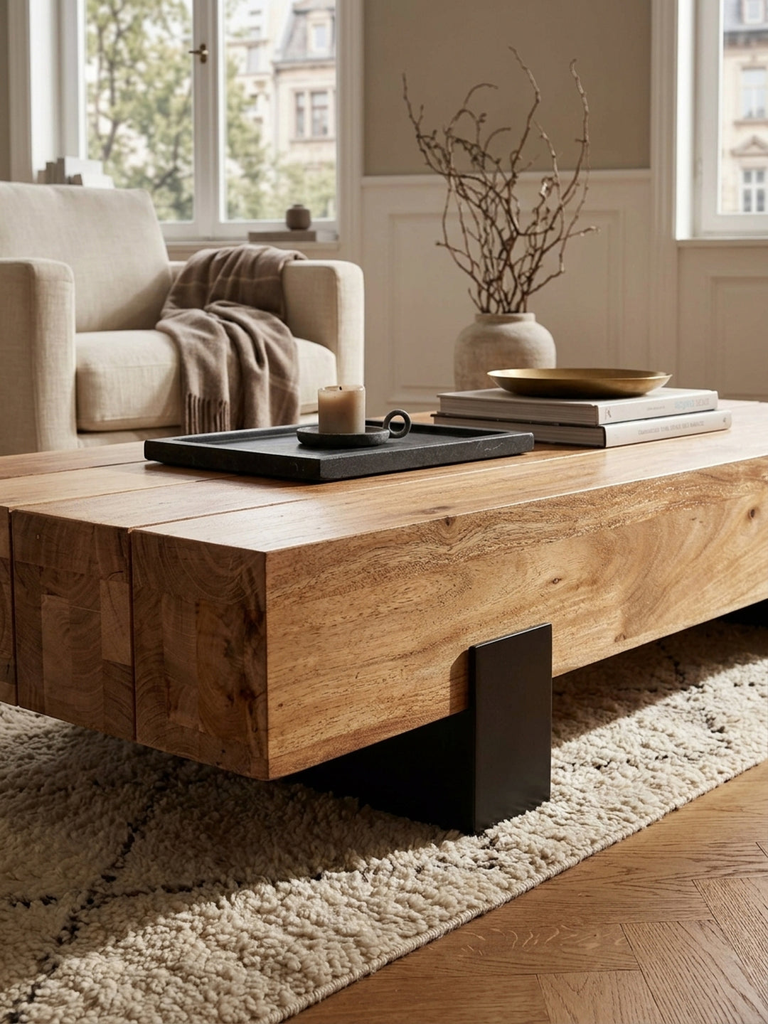 Nahaufnahme der edlen Akazienholz-Oberfläche des Sofatisches. Die warme braune Farbe, lebendige Maserung und der klare Schutzlack betonen die erstklassige Qualität des Massivholzes._