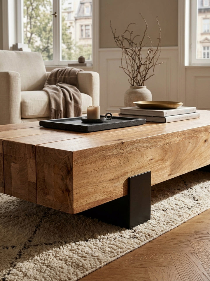 Nahaufnahme der edlen Akazienholz-Oberfläche des Sofatisches. Die warme braune Farbe, lebendige Maserung und der klare Schutzlack betonen die erstklassige Qualität des Massivholzes._