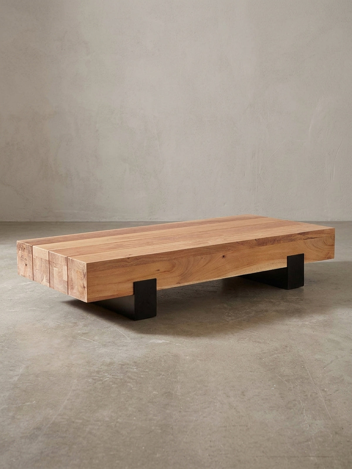 Technische Zeichnung des Massivholz-Couchtisches mit exakten Maßen: Länge 59cm, Breite 130cm, Höhe 25cm. Die Skizze verdeutlicht die 15cm dicke Tischplatte und 10cm Bodenfreiheit.