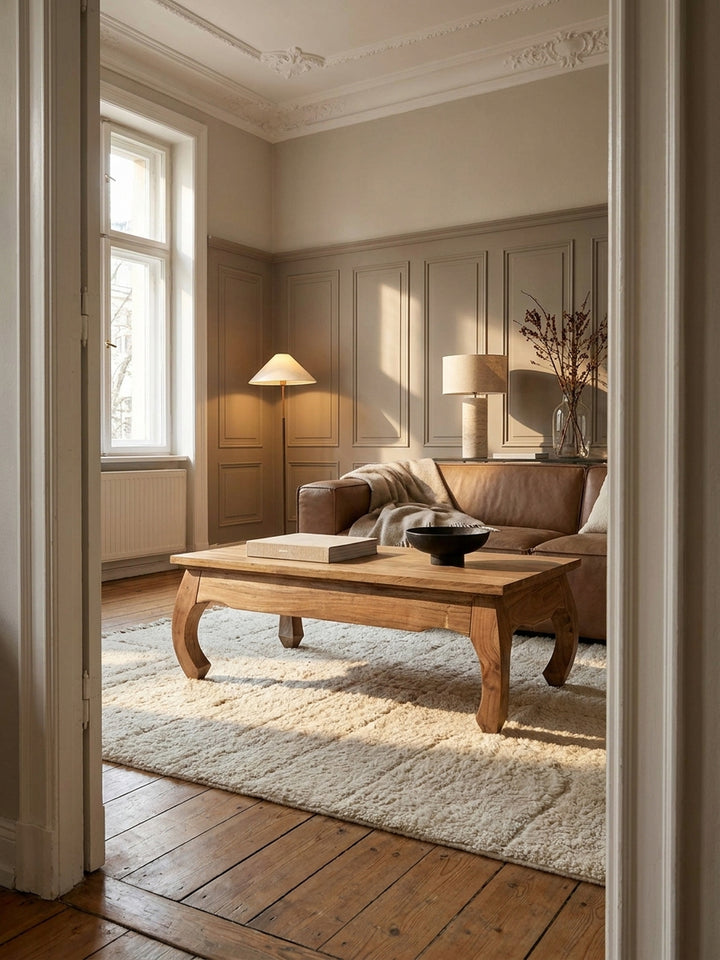 Couchtisch Akazie Massivholz natur 60x110x40 cm in modernem Wohnzimmer Einrichtung Design Möbel mit Ablagefach hochwertig modern stilvoll einrichten Wohnen Interior Zuhause elegant Premium_